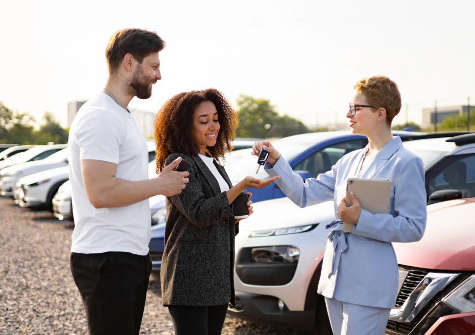 Vendedora-entrega-llave-del-auto-a-clientes