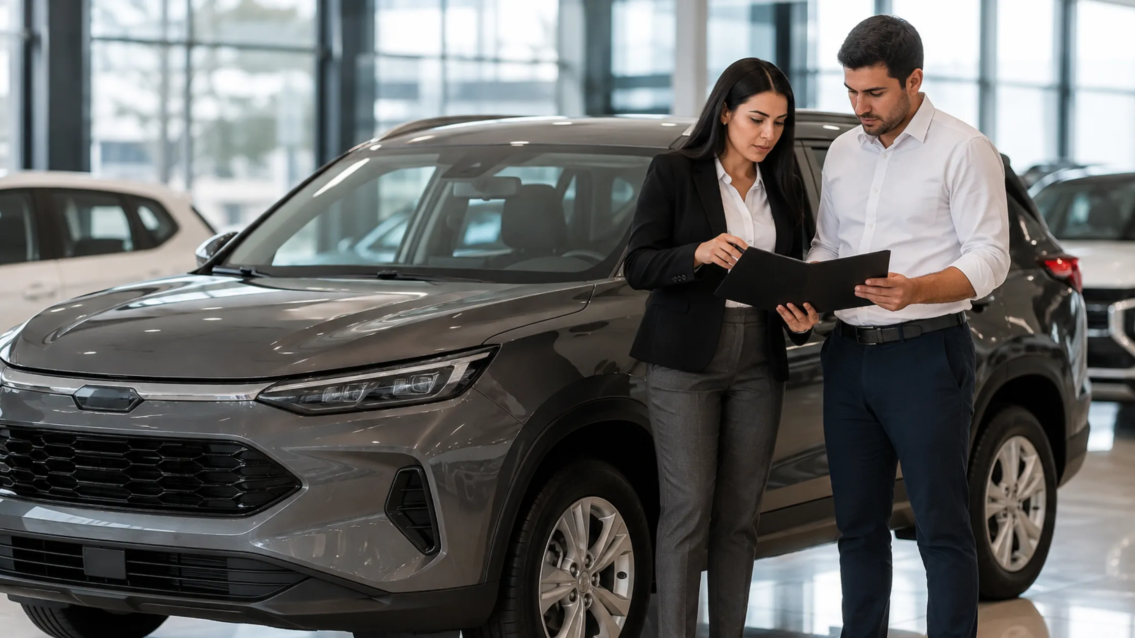 asesora-revisa-los-documentos-del-vehiculo-junto-a-un-cliente